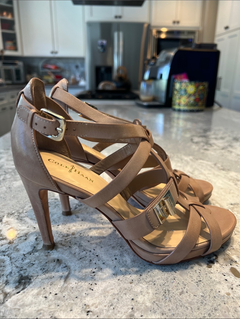 Cole Haan Nike Air Nude Beige Strappy Buckle Heels Stiletto Sandals Size 7 EUC - Picture 6 of 11